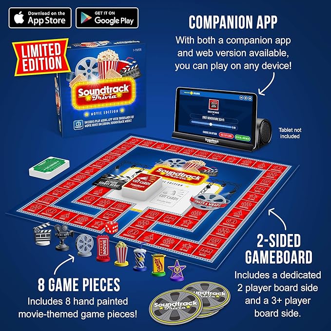 Soundtrack Trivia Limited Edition Movie Game Includes Bluetooth Speaker, Hand Painted Pieces and Coasters, Name The Movie from a 15 Second Music Clip, Board Game for Family, Adults, Kids Ages 8+
