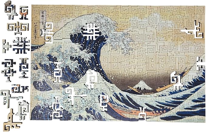 Wooden Puzzle for Adults - Geometric Design - Made in The USA by FoxSmartBox - 260 Pieces - The Great Wave Off Kanagawa