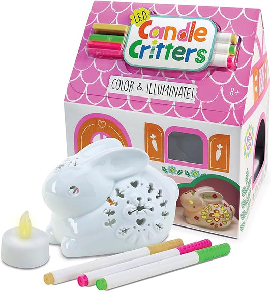 Bright Stripes LED Candle Critters|Color Your Own Ceramic Bunny|Age 6+|DIY Creative Kids Set|Includes 3 Ceramic Markers,LED Candle Light,House Shaped Box & Instruction|Perfect for Kids Birthday Gift