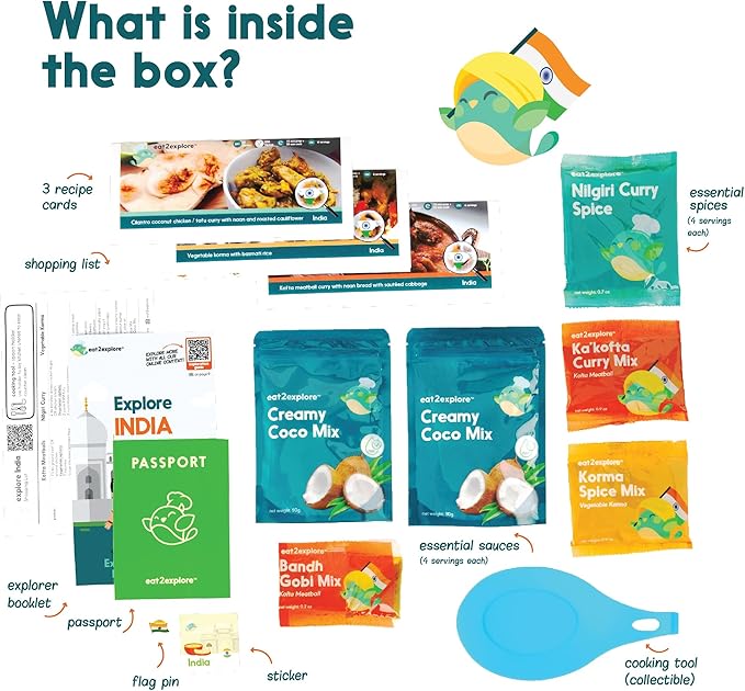 eat2explore Cooking Kits for Kids - Interactive & Educational Set with 3 Recipe Cards, Key Ingredients & Cooking Tools - Ideal Idea for Kids who Love to Create Meals (India Edition)