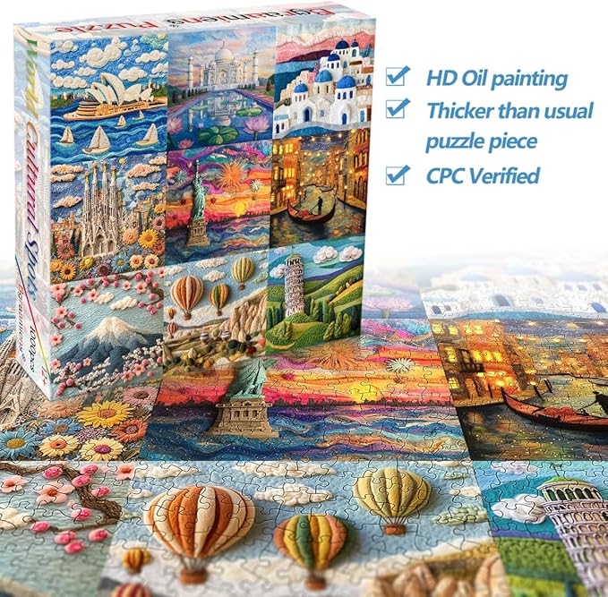Bgraamiens 1000 Piece Jigsaw Puzzles for Adults – World Travel Landmarks Puzzle – Felt Style Cultural Icons from Around The Globe – Premium Relaxing Gift with Global Architecture