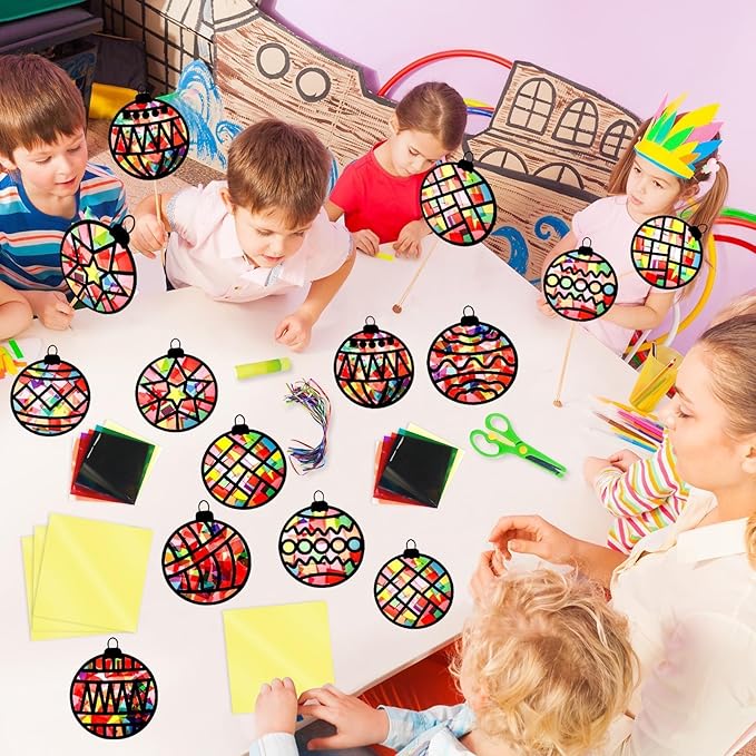 EggSun 36 Sets Christmas Ball Suncatchers Craft Kit for Kids Ornaments Stained Glass Effect Window Arts and Crafts Kit for Classroom Holiday Birthday Projects Home Party Favors Decorations Ages 4 8 12