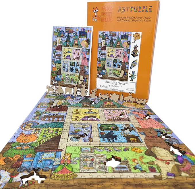 Wooden Jigsaw Puzzle for Adults - Uniquely Shaped Pieces - Made in The USA by FoxSmartBox - 440 Pieces - Amusing House
