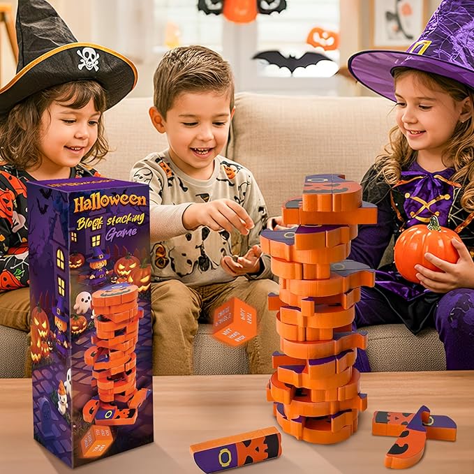 AerWo Wooden Blocks Stacking Games, Tumbling Tower and Balance Halloween Games for Kids, for Kids and Adults Ages 6+, Pumpkin Toys Wood Blocks Twister Game for Family
