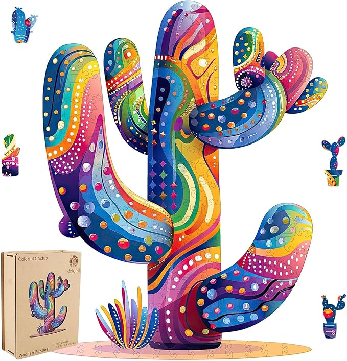 delobil Colorful Cactus Wooden Puzzles, 300 Pieces Jigsaw Puzzles 12.2'' x15.4'', Unique Design Liberty Wooden Puzzles for Adults and Kids, Family Game Gift Royal Size