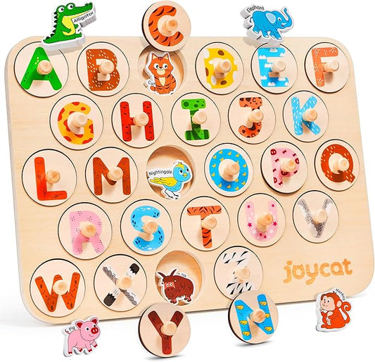 JoyCat Wooden Puzzles for Toddlers 1-3, 52 Pcs Large Size Letter Matching Animal Alphabet Peg Puzzles, Montessori ABC Learning Toy, Gifts for 1 2 3 4 Year Old Boy Girl, Preschool Learning Activities