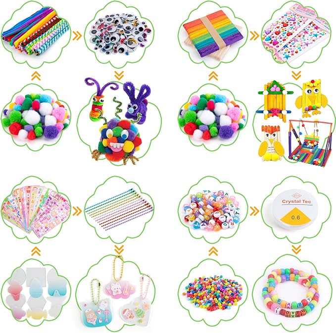 Sundaymot Arts and Crafts Supplies for Kids, 2000+Pcs DIY Craft Kits, Ages 6-10, Unisex, Multicolor, Modern, Includes Oxford Cloth Bag, Safetu Scissors
