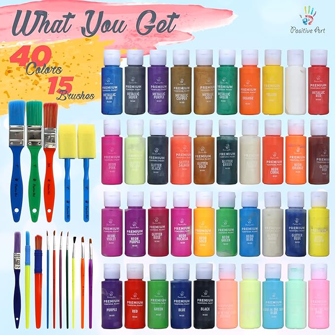 Kids Tempera Paint Set | Value Pack Includes 40 Washable Non-Toxic Colorful Paints (2oz bottles) & 15 Brushes | Metallic, Neon, Glow In The Dark, Glitter Paints | Paint For Arts & Crafts, Fun Projects