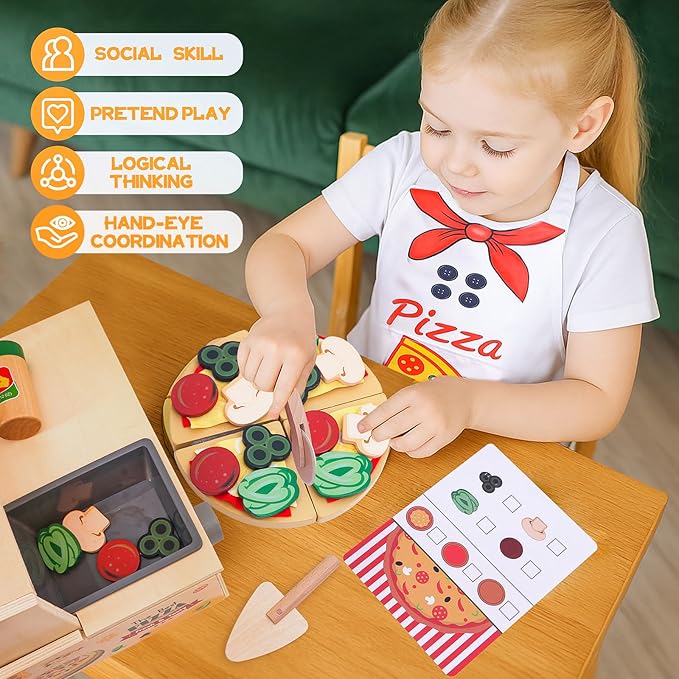 Wooden Pizza Toy, Montessori Pretend Play Toys, Wooden Pizza Counter Playset, Play Food and Accessories, Cooking Pretend Play Toys for Boys Girls Age 3+