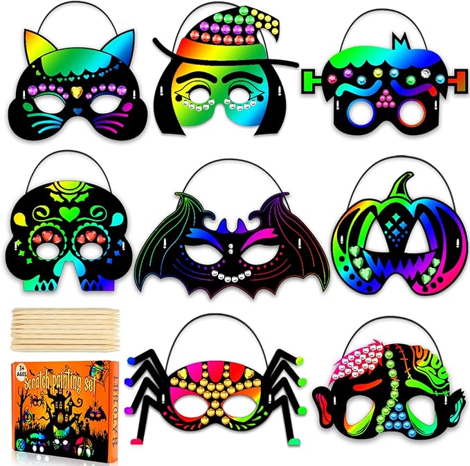 Natonhi 32Pcs Halloween Crafts for Kids Rainbow Scratch Mask, Halloween Games Scratch Art and Craft Kit Classroom Activities Favors Party Supplies