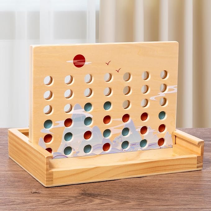 Wooden 4 in a Row Game - Classic Strategy Game for Adults Children-Connecting 4 Same Color Connection Rows- Travel Game Family Checkerboard Game Toys Adult Gift with Unique Printed Patterns.