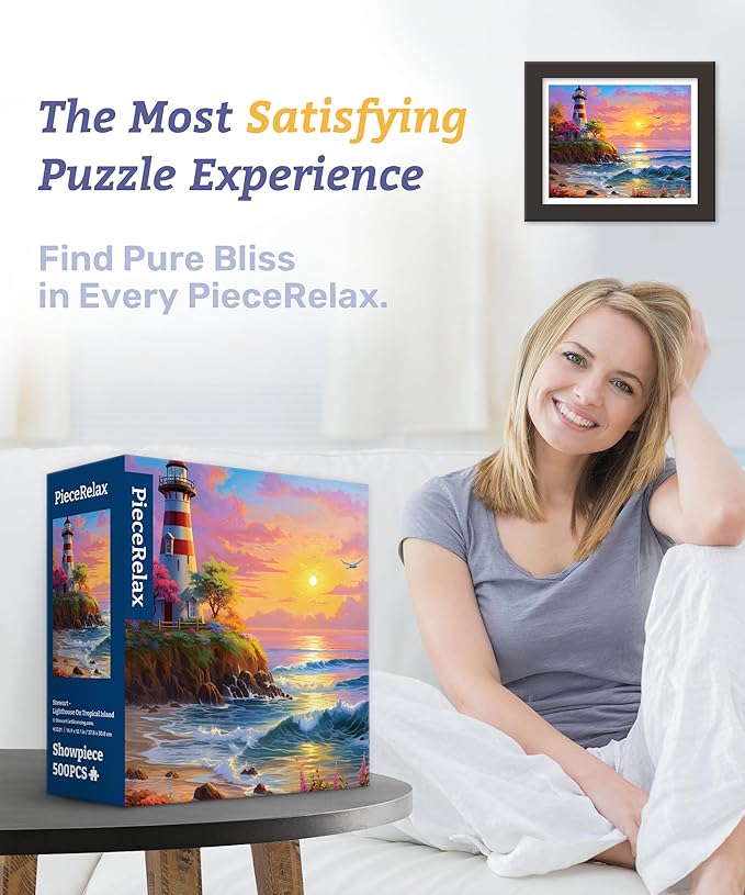 PieceRelax Plastic Jigsaw Puzzles for Adults 500 Pieces - Stewart - Lighthouse On Tropical Island Most Satisfying Table Games and Gifts No Puzzle Mat Required [H3521]
