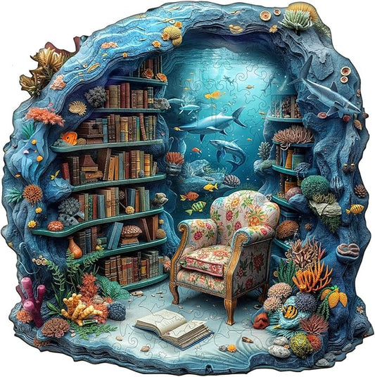 Wooden Puzzles for Adults, Undersea Book House Wooden Jigsaw Puzzle for Adults, Unique Shape Wood Puzzles Adult, Presents for Women and Men, Wall Art Home Decor(S -8.5 * 8.4in-100 pcs)