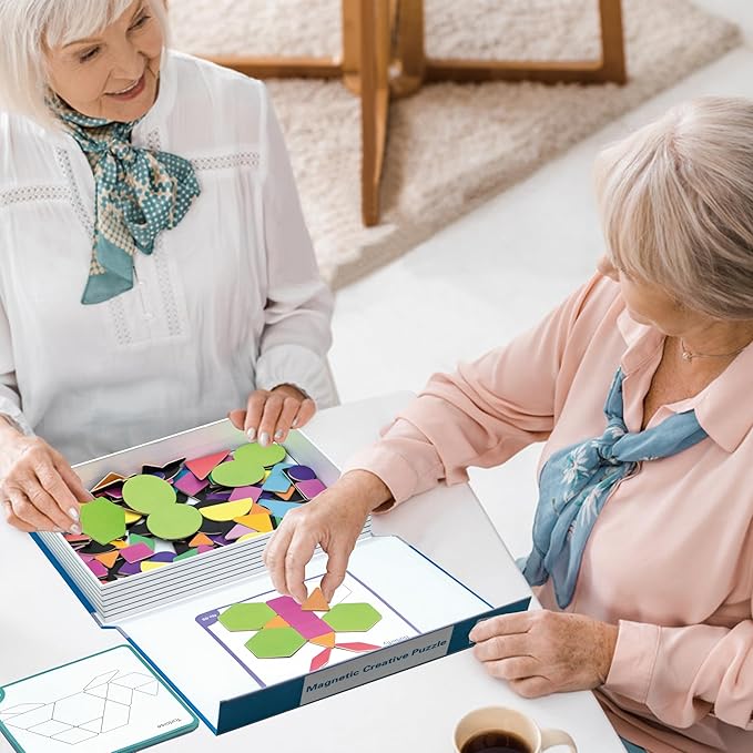 Dementia Activities for Patients, 170 Pieces Magnetic Tangrams Puzzle Games for Dementia Seniors, Colorful Shape Pattern Alzheimers Products for Elderly, Tile Matching Board Memory Cognitive Gifts