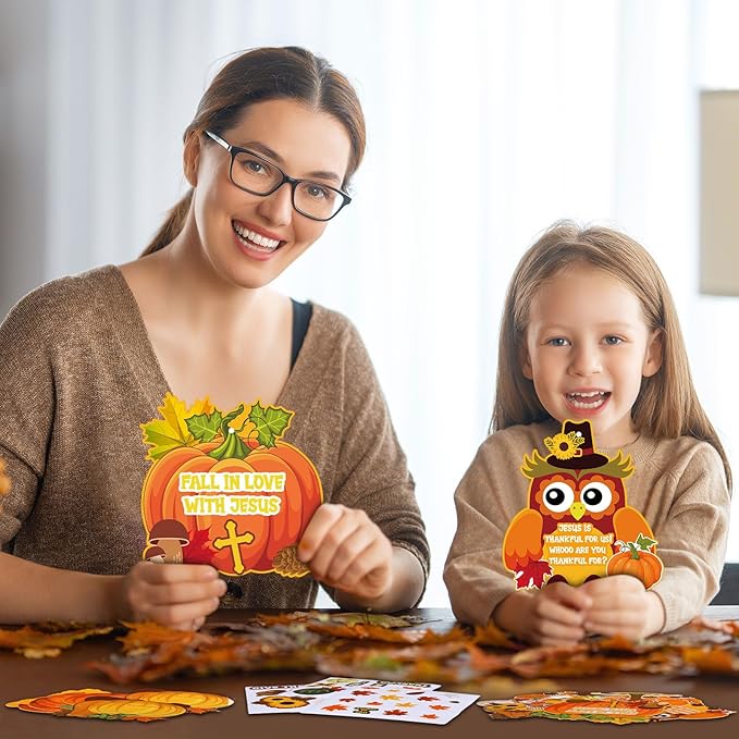 Outus 24 Pcs Religious Fall Crafts for Kids - Autumn Harvest Pumpkin Jesus Stickers, Thanksgiving DIY Craft Hanging Ornaments for Christian Classroom Activities