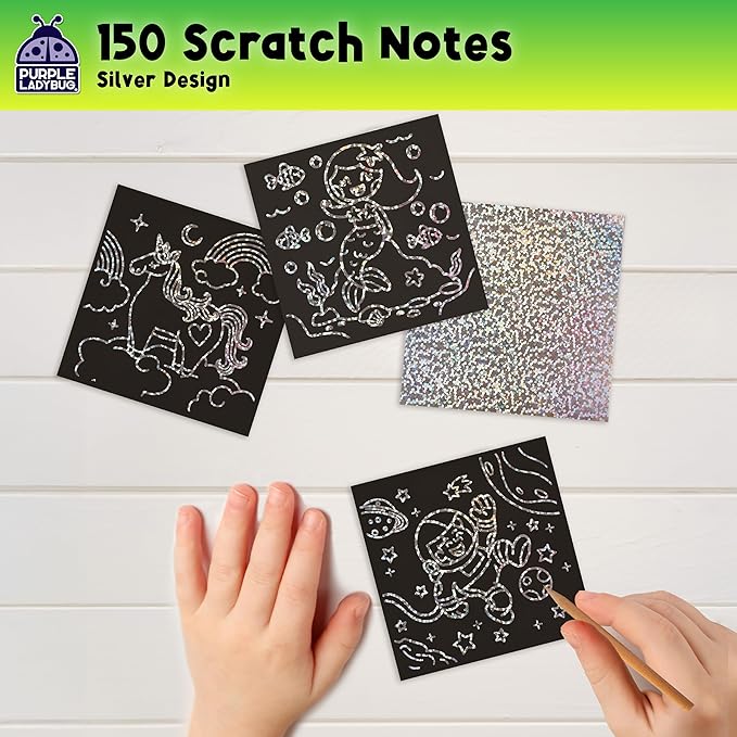 PURPLE LADYBUG Silver Holographic Scratch Art Mini Notes - Scratch Art for Kids, Summer Activities, Camping Games for Ages 4-8