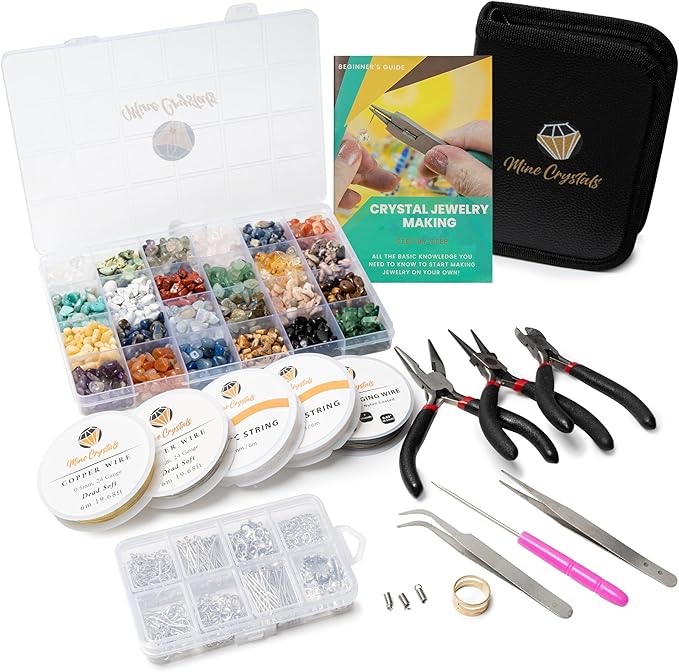 MineCrystals Jewelry Making Kit DIY Natural Crystal Chip Stones Beads Tools kit Jewelry Wires Findings Supplies Instruction Guide Gift Box for Adult Teens Craft Bracelet Earring Necklace