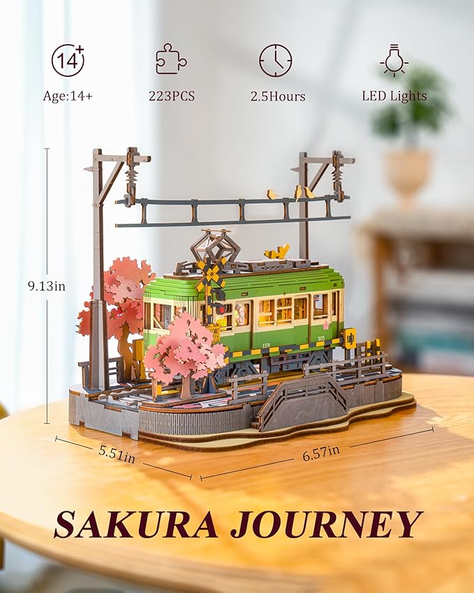 ROBOTIME 3D Puzzles for Adults DIY Model Building Toy with LED Light Wooden Craft Kits Diorama Tram Hobby for Brain Teaser Gift (Sakura Journey)