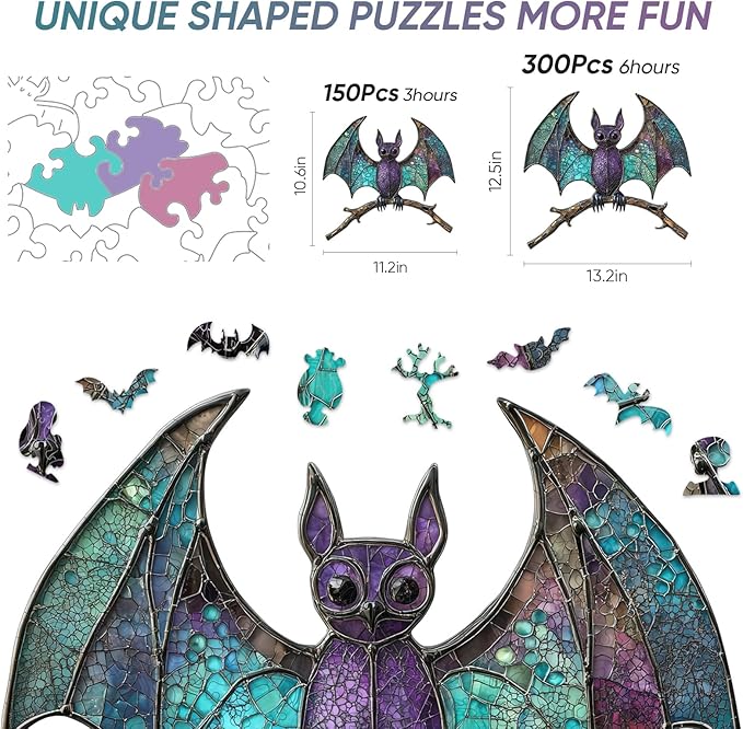 Wooden Puzzles for Adults, Halloween Puzzles,Stained Glass Bat Puzzles Animal Wooden Puzzles,150 Pieces Unique Irregular Fun Challenging Jigsaw Puzzles Gifts, Perfect Family Games, 11.2 * 10.6inch