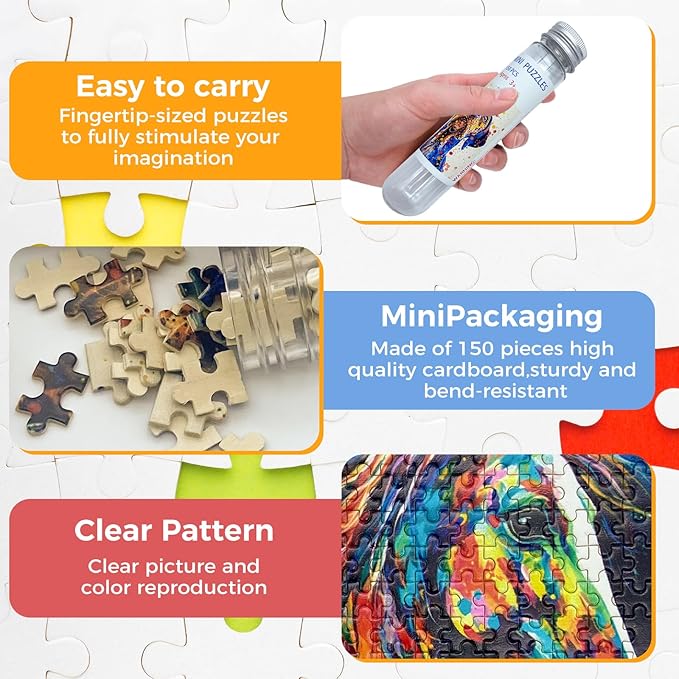 150 Pieces Mini Jigsaw Puzzles for Adults & Kids,6 x 4 Inches,Mini Puzzles,Travel Puzzle,Small Micro Puzzles,Challenging Difficult Puzzle,3 Pack Oil Painting Style Animals