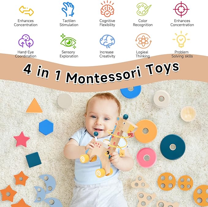 Wooden Montessori Toys for 1 Year Old, 4-in-1 Educational Sensory and Baby Learning Toys for Toddlers Aged 1-3, Boy and Girl's Best Gifts for Birthday (Log)