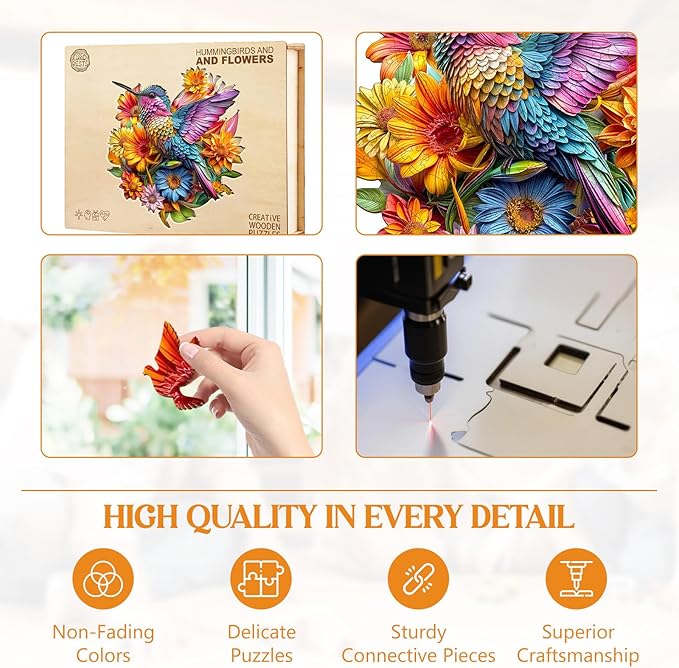 Wooden Puzzles for Adults, Wooden Jigsaw Puzzles for Adults Kids, Hummingbirds and Flowers Unique Shaped Wood Puzzles Adult, Creative Birthday Gifts for Friends Family Game (11.4 * 10in 180pcs)