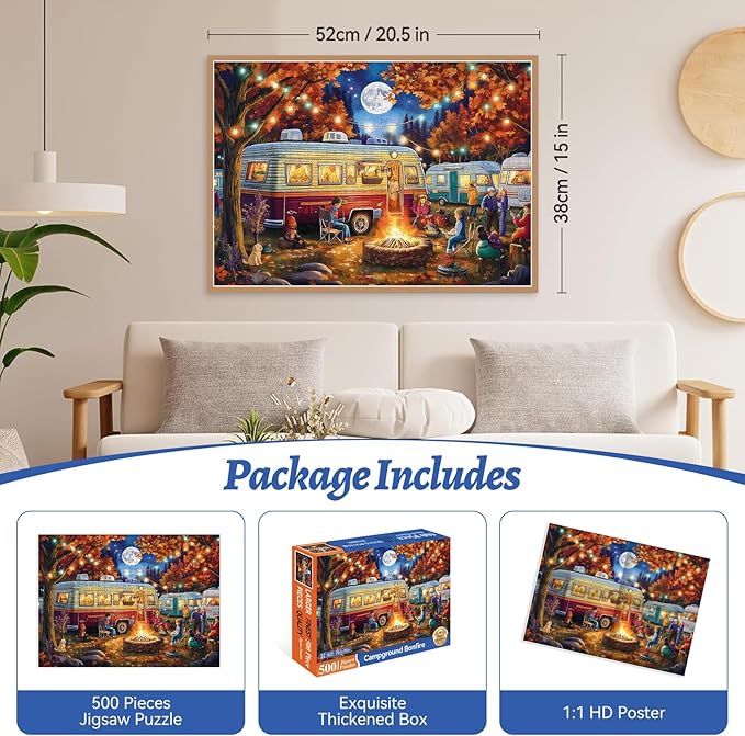 500 Piece Puzzle for Adults, Jigsaw Puzzles, Campfire Night Jigsaw Puzzle 500 Pieces with Moon and Cars, Birthday Party Game for Family, Kids and Adults, Relaxing Funny Puzzle (20.5" x 15")