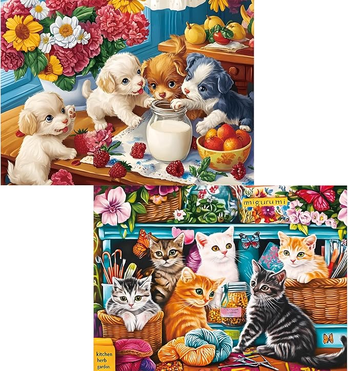 2 Pack 300 Piece Puzzle for Adults,Cute Dogs Cats Jigsaw Puzzle for Adults Teens,Large Piece Puzzle for Kids Ages 8-10 10-12,Glossy & Sturdy Pieces,Challenging Family Game Great Gift Idea,20.5x15 in