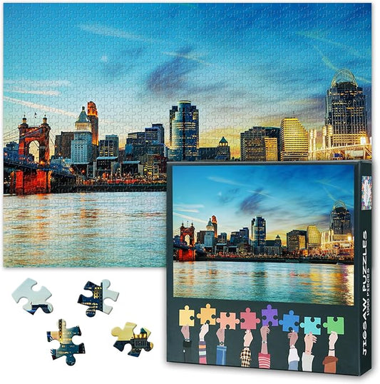 Puzzles for Adults 1000 Pieces - Cincinnati Bridge Cityscape Jigsaw Puzzle (27.5x19.7 Inch), Ohio Skyline Challenging Puzzles for Adults, Family Game for Men & Women (Home Decor Gift)