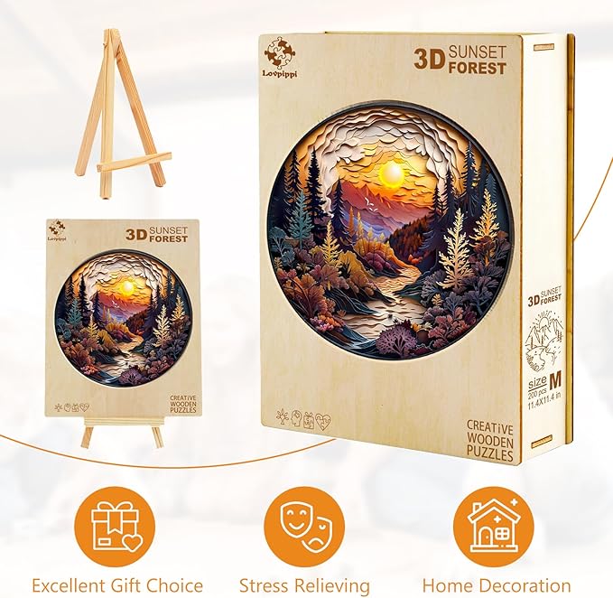 Wooden Puzzles for Adults, Wooden Jigsaw Puzzles for Adults Kids, 3D Sunset Forest Unique Shaped Wood Puzzles Adult, Creative Birthday Gifts for Friends Family Game (13.4 * 13.4in 300pcs)