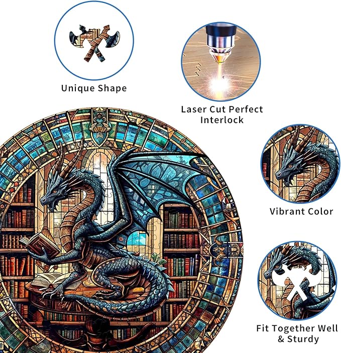 KAAYEE Wooden Puzzles for Adults-Dragon Library Wooden Jigsaw Puzzle Unique Shape Wooden Puzzle Wood Puzzle for Adults,Family Puzzles Gifts (S-8.5 * 8.5in-100pcs)