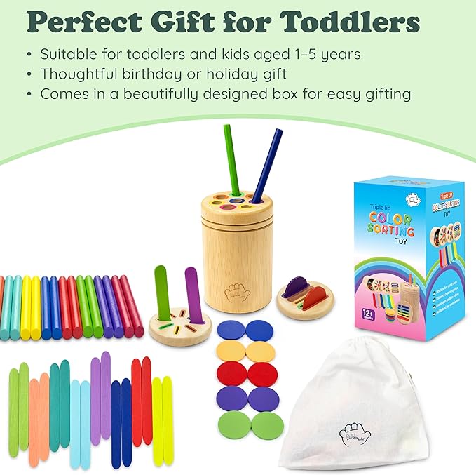 Bublo Baby Wooden Montessori Color Sorting Toy for Toddlers 1-3 – Fine Motor Skills Toys for 1, 2, 3 Year Old – Toddler Busy Toys – 46-Piece Wooden Color Sorting & Stacking Toy Set