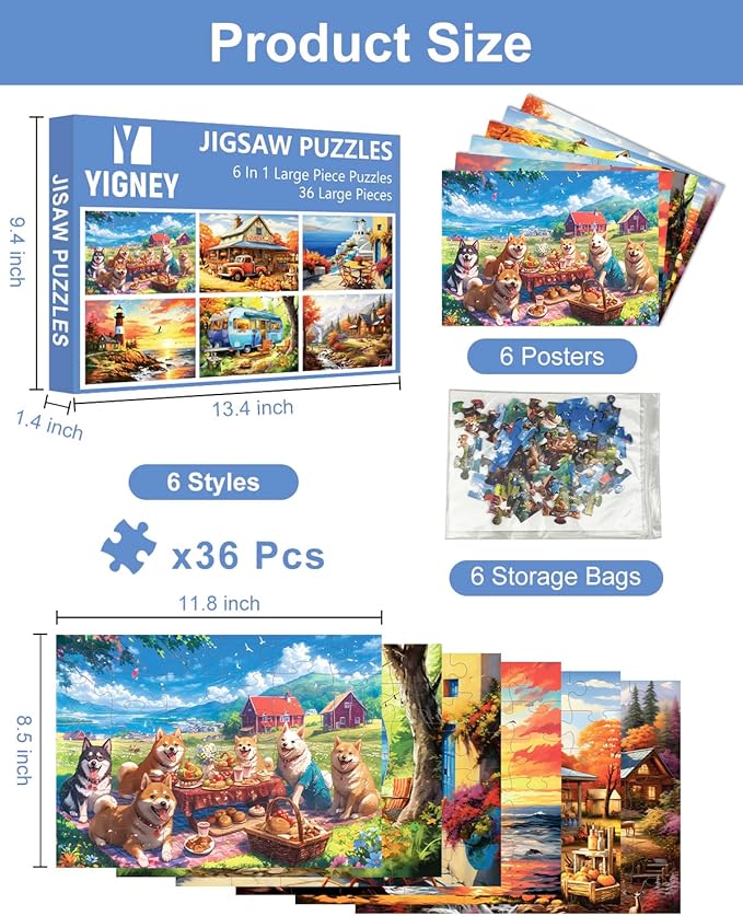6 Pack 36 Large Piece Jigsaw Puzzles for Seniors Alzheimer Product for Elderly Dementia Activities Memory Game for Patients in Nursing Home with Storage Box