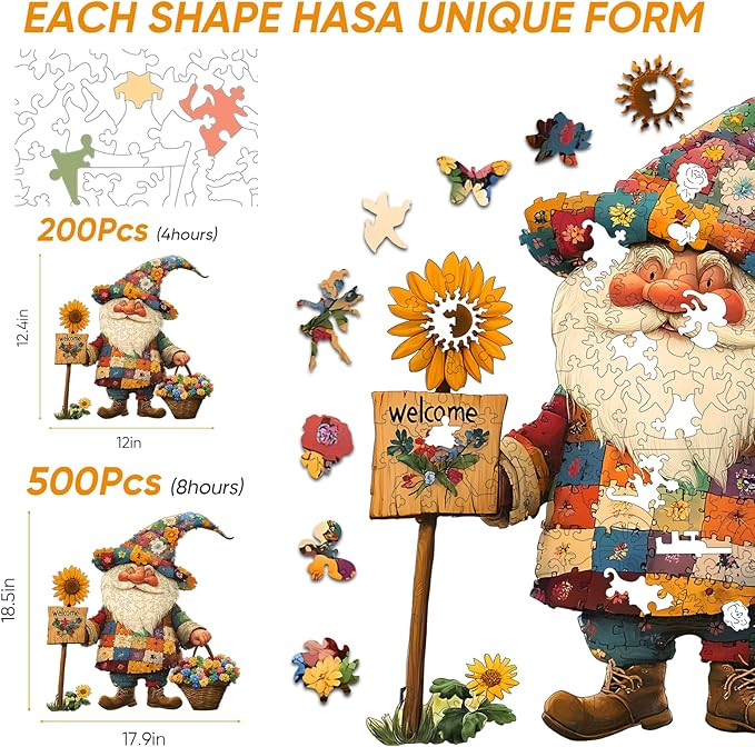 Wooden Puzzles for Adults, 500 Pieces Gnome Puzzle for Adults and Kids, 18.5 * 17.9 in Unique Shape Wooden Jigsaw Puzzle, Wooden Puzzle Creative Toys for Family Friends