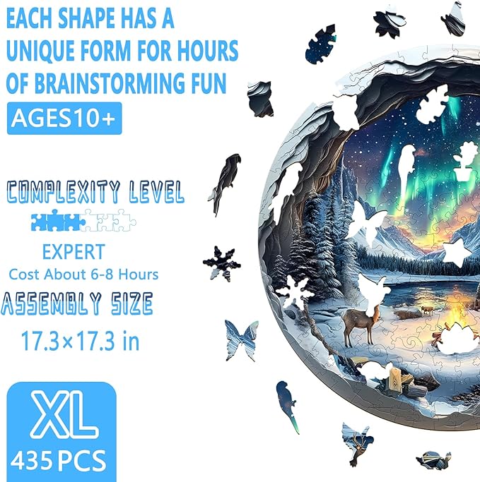 Wooden Puzzles for Adults, Aurora World Wooden Jigsaw Puzzles for Adult 435 Pieces, Wood Puzzles Adult, Mountains Lakes Round Puzzle, Unique Animal Shape, Wall Art Canvas Puzzle (XL -17.3 * 17.3in)