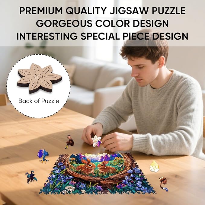 Rabbit Sunrise Wooden Puzzles, 200 Pieces Jigsaw Puzzles 11.3 x11.1 inch, Unique Design Wooden Puzzles for Adults and Kids, Family Game Gift