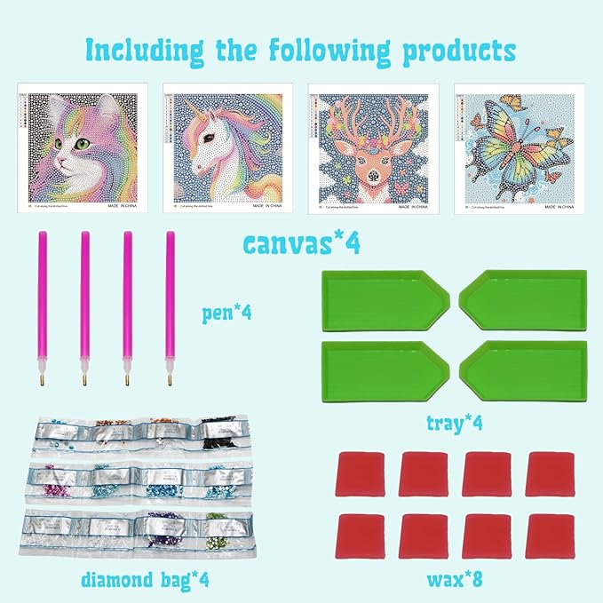 Libfx Diamond Art Kits for Kids 4 PCS Diamond Art for Girls Boys Beginners Arts and Crafts for Kids Ages 8-12 (Cat Butterfly Unicorn Deer)