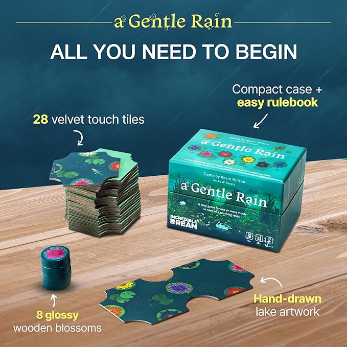 A Gentle Rain – Calming Tile-Laying Puzzle Game – Mindful Solo, 2-Player, or Cooperative Play in 15 Minutes – Soft-Touch Tiles & Wooden Blossoms – Compact, Giftable, Family-Friendly Board Game