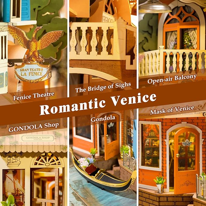 Rowood Book Nook Kit,DIY Book Nook Kits with Dust Cover for Adults,Miniature House 3D Wooden Puzzle Bookend Bookshelf Insert Allety,Craft Kits for Adults/Kids,Birthday Romantic Venice