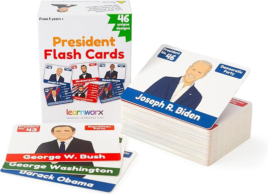 US Presidents for Kids Flash Cards –46 President Cards –Learn Presidents of The USA –Includes US Presidents Party & Vice President Facts -Gift - Ages 5,6,7,8,9,10