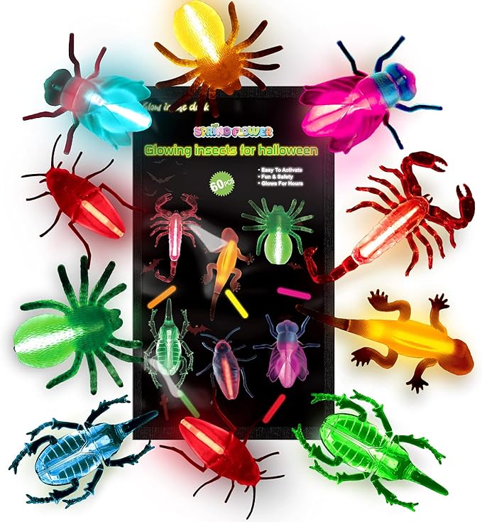 SpringFlower 60pcs Halloween Glow Critters Set for Halloween Party Favor,18 Critters Toys and 42 Glow Sticks, Glow in The Dark Party Favors, Halloween Goodie Bag Fillers, Halloween Miniatures.