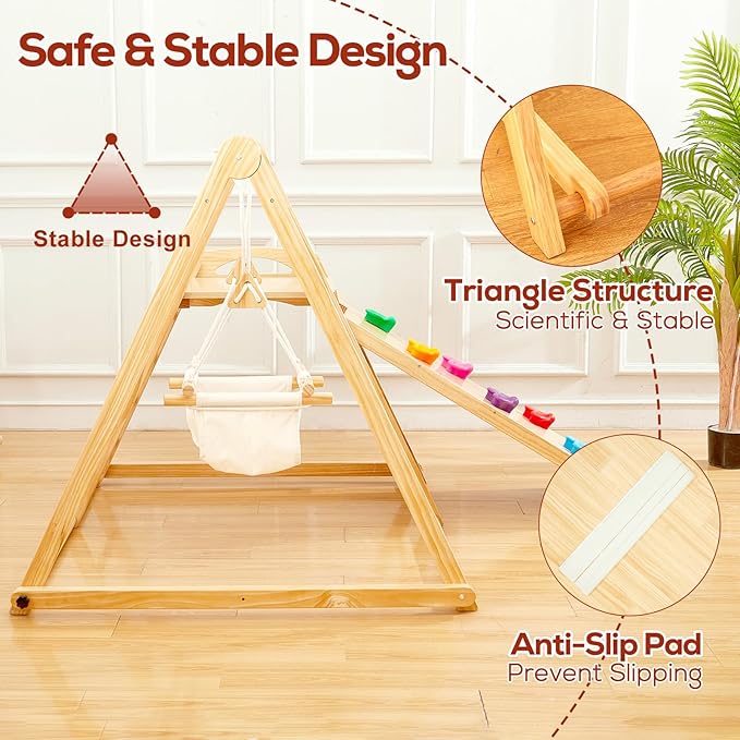 FUNLIO 4-in-1 Wooden Toddler Swing and Slide Set, Foldable Montessori Jungle Gym for Toddlers 0.5-5 Years, Indoor Playground with Swing/Slide/Ladder/Climbing Rock, Easy to Assemble & Store
