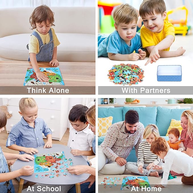 LELEMON Puzzles for Kids Ages 4-6,Animal Map 100 Piece Puzzles for Kids Ages 4-8 in a Metal Box, Educational Jigsaw Puzzles 100 Piece Puzzle Games Puzzle Toys for Girls and Boys