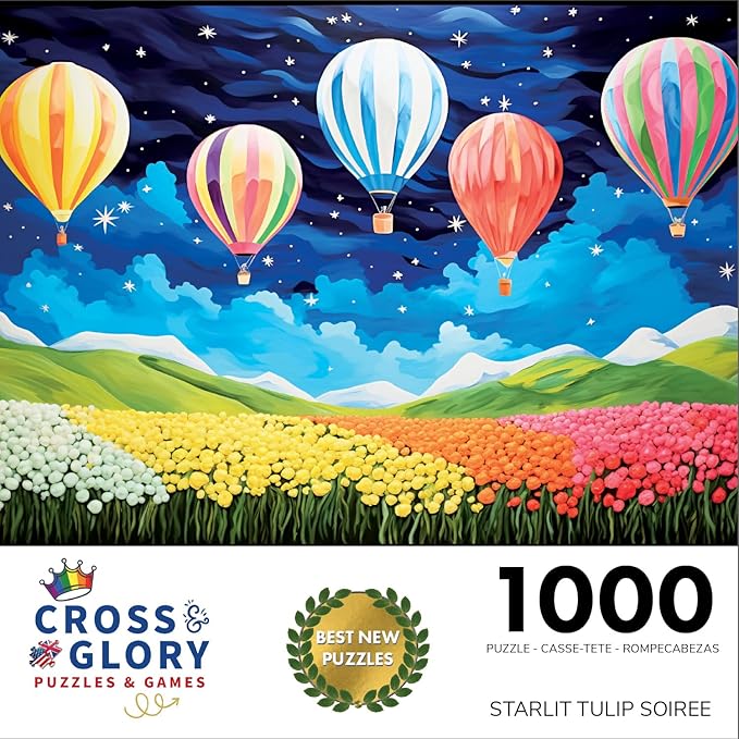 Cross & Glory - Starlit Tulip Soiree - 1000 Piece Jigsaw Puzzle for Adults | Moonlit Floral Scene with Hot-Air Balloons | Vibrant Colors