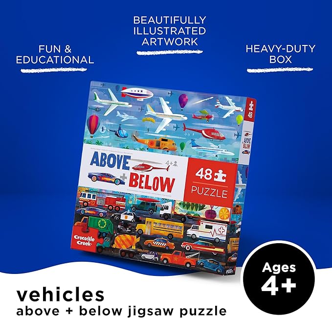 Crocodile Creek Above + Below 48-Piece Jigsaw Floor Puzzle - Fun Floor Puzzles for Kids Ages 4-8 - Vehicles - 27 x 20 inches Finished