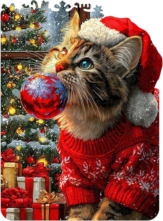 Christmas Hat Cat Jigsaw Puzzles - 490 Pcs Handmade Wooden Puzzle with Unique Shapes, Stress Relief & Educational Fun, Family Game Night 13.4×18.3 Inch, Best Gift for Friends