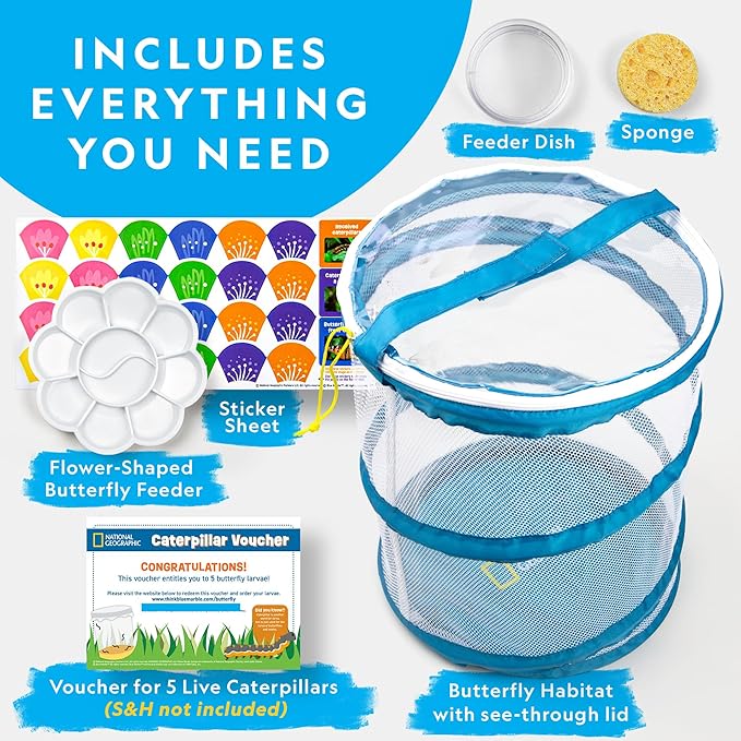 National Geographic Butterfly Growing Kit - Butterfly Habitat Kit with Voucher to Redeem 5 Caterpillars (S&H Not Included), Butterfly Cage, Feeder (Amazon Exclusive)