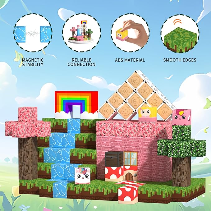 150PCS Magnetic Building Blocks for Kids - Unicorn Princess Pixel Magnetic Blocks 0.8in, Grassland Mine World Magnet Cubes Toys, STEM Sensory Toys for 3 4 9 10 Year Old Girl Christmas Birthday Gifts