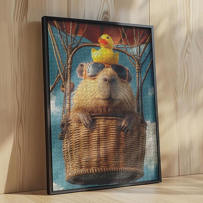 Sunglasses Animal Capybara Jigsaw Puzzles for Adults 1000 Pieces,Sky Hot Air Balloon Art Puzzles for Challenging Family Activity Games Colorful DIY Crafts Puzzle for Home Decoration Gifts
