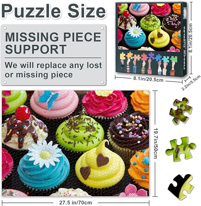 1000 Piece Puzzle for Adults - Festive Cupcake Tower Jigsaw Puzzles, Colorful Icing & Sprinkles Artwork Adult Puzzles 1000 Pieces, Premium Dessert Lover Gift - 27.5x19.7 Inches